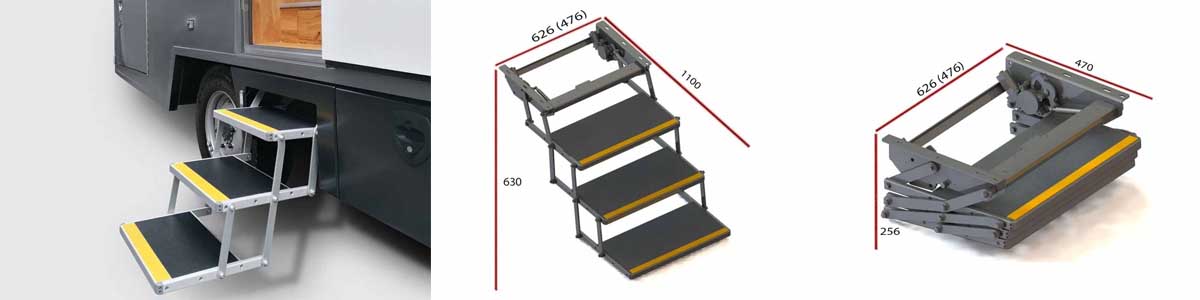 3-Stufige Trittstufe für hohe Fahrzeuge 3 Stufen Trittstufen für Hochflurfahrzeuge></p>
<h2>E3 – Die 3-Stufen-Lösung für sehr hohe Einstiegshöhen</h2>
<p>Reicht eine zweistufige Lösung nicht aus, bietet die <strong>E3 Serie</strong> mit drei Auftritten maximale Höhenüberbrückung. Die <a href=